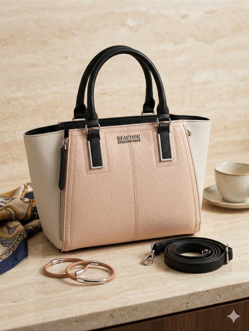 Reaction Kenneth Cole Beige and Black Pebble Satchel